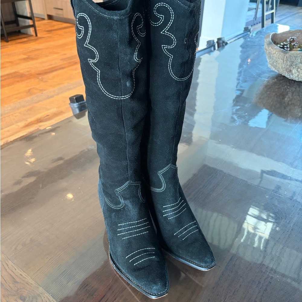 Black Suede Leather Western Cowboy Boots • Size 8.5 • Brazil Made • Leather Sole - Picture 3 of 9